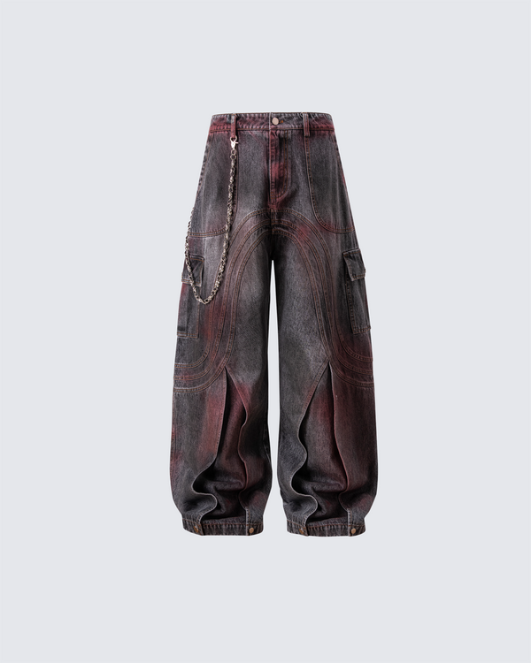 Red Fade 3D Panel Wide-Leg Denim Pants